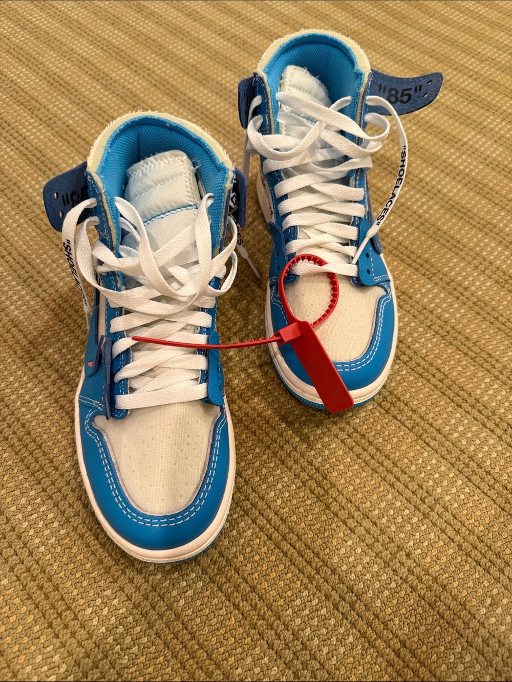 Off-White Kids High-Top Sneakers in Blue and White with Red Zip Tie